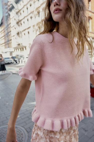KNIT SHORT SLEEVE JUMPER WITH RUFFLES - Pastel pink by Zara