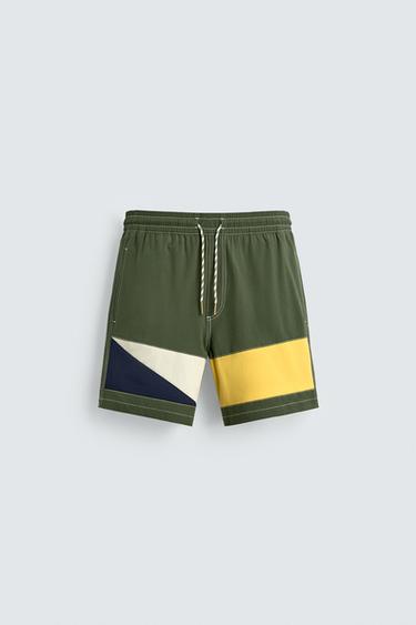 LONG COLOUR BLOCK SWIMMING TRUNKS - Green by Zara