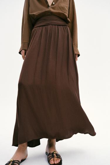 SATIN MIDI SKIRT - Brown by Zara