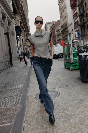 HOUNDSTOOTH LACE TOP - Black / Ecru by Zara