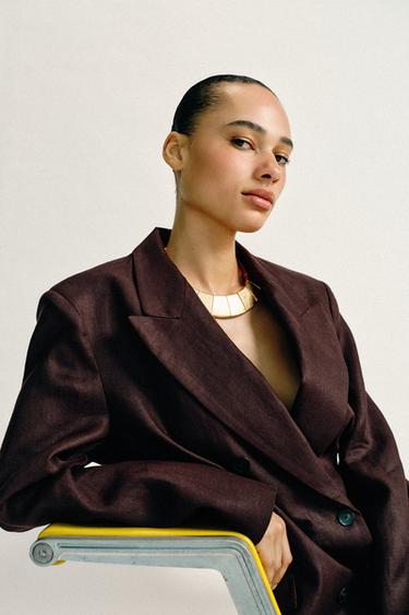 DOUBLE-BREASTED 100% LINEN BLAZER WITH SHOULDER PADS - Brown by Zara