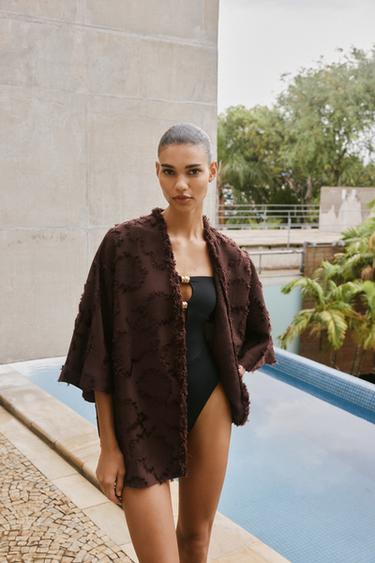 TEXTURED FABRIC KIMONO JACKET - Brown by Zara