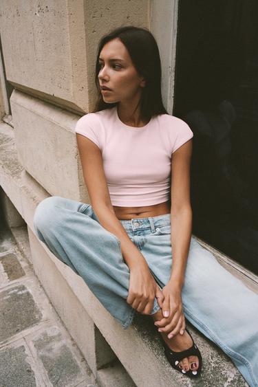 CROPPED SHORT SLEEVE T-SHIRT - Chalk pink by Zara