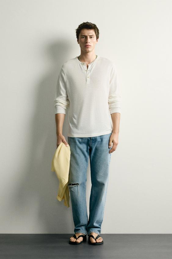 HEMP-VISCOSE HENLEY T-SHIRT - Oyster-white by Zara - Image 0