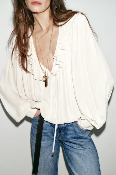 SATIN BLOUSE WITH RUFFLES AND SHOULDER PADS - Ecru by Zara