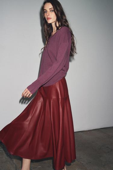 ZW COLLECTION LEATHER EFFECT MIDI SKIRT - Burgundy by Zara