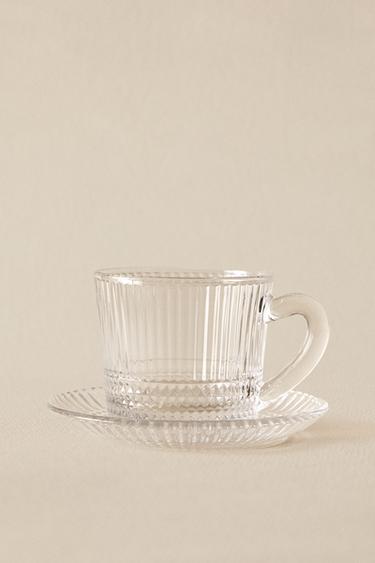 GLASS COFFEE CUP AND SAUCER WITH RAISED GEOMETRIC DESIGN - Transparent by Zara