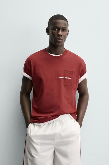 SLOGAN PRINT POCKET T-SHIRT - Mid-red by Zara