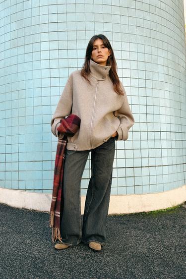 WOOL BLEND BOMBER JACKET WITH HIGH NECK - Light mink by Zara