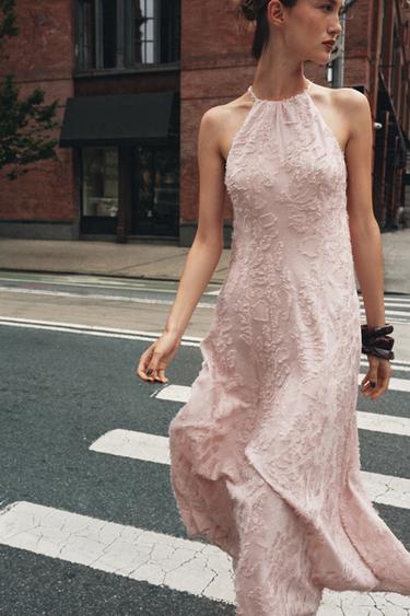 HALTER FRAYED MIDI DRESS - Beige-pink by Zara