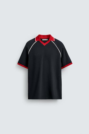 CONTRAST TRIM TEXTURED POLO SHIRT - Navy blue by Zara
