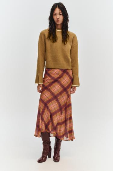 ZW COLLECTION CHECK LONG SKIRT - Burgundy by Zara