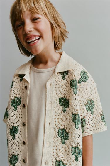 CACTUS CROCHET KNIT SHIRT - Ecru / Green by Zara