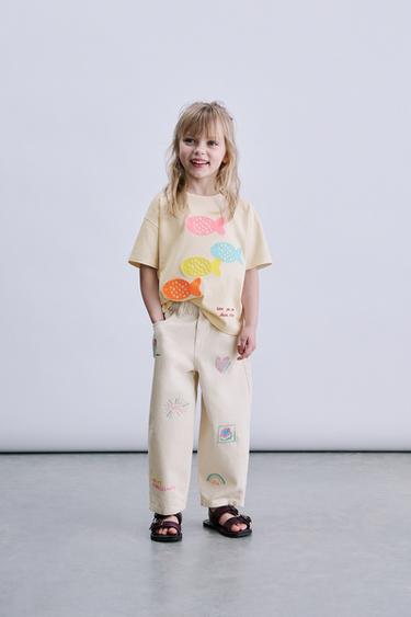 EMBROIDERED TWILL BARREL TROUSERS - Ecru by Zara