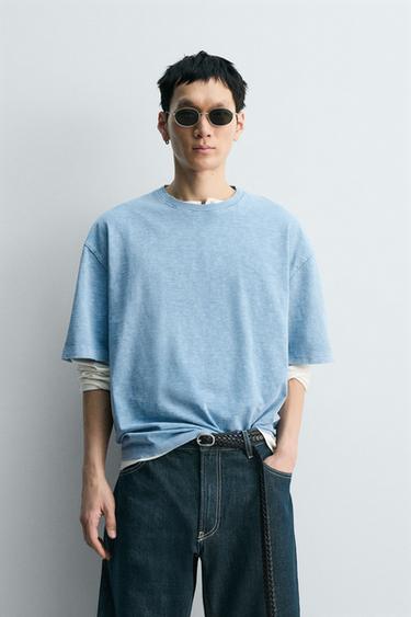 RELAXED FIT SLUB KNIT WASHED T-SHIRT - Blue by Zara