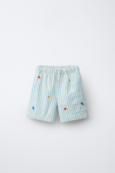 EMBROIDERED STRIPED BERMUDA SHORTS - Blue/White by Zara