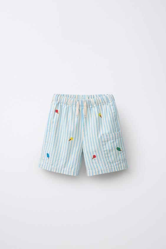 EMBROIDERED STRIPED BERMUDA SHORTS - Blue/White by Zara - Image 0