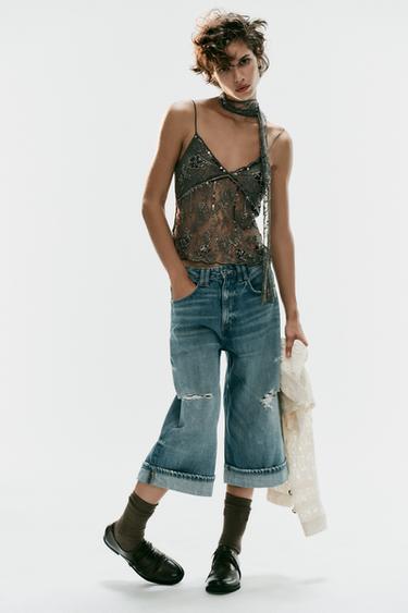 EMBROIDERED LACE TOP WITH SCARF - Grey by Zara
