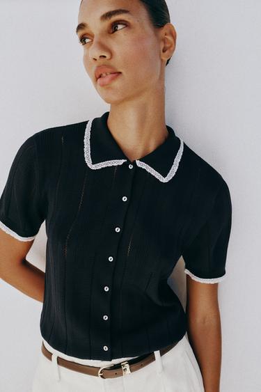 SHORT-SLEEVE LACE-TRIM POLO CARDIGAN - Navy blue by Zara