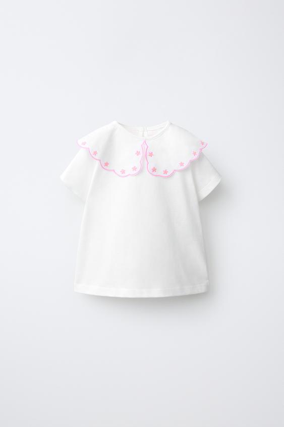 EMBROIDERED CONTRAST COLLAR T-SHIRT - White by Zara - Image 0