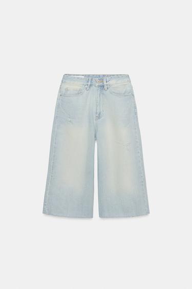 TRF RIPPED MID-WAIST DENIM JORTS BERMUDA SHORTS - Light blue by Zara
