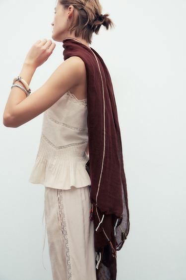 STRIPED FRINGED LINEN BLEND SCARF - Brown by Zara - Image 0