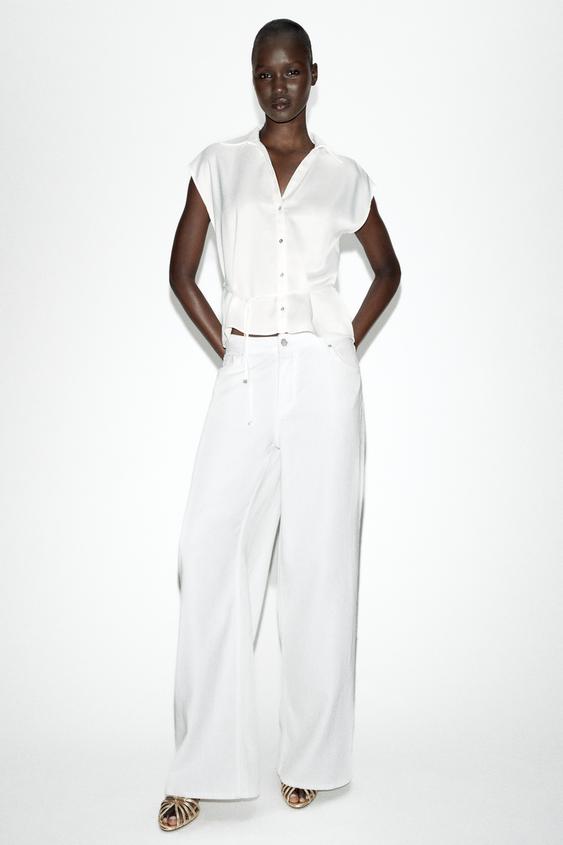 SATIN SHORT SLEEVE SHIRT WITH BELT - White by Zara - Image 0