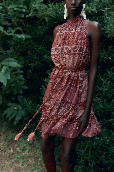 PATCHWORK PRINT MINI DRESS WITH BELT - Fuchsia by Zara