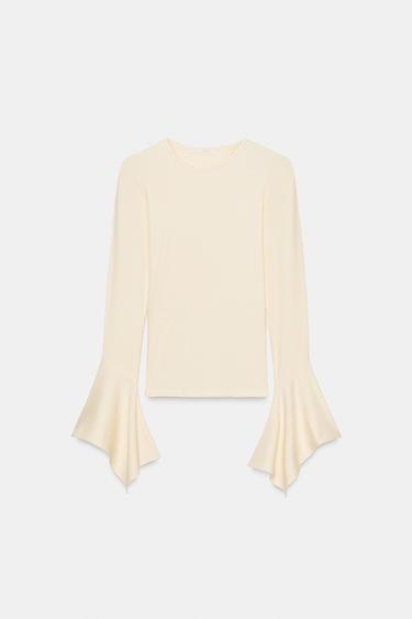 T-SHIRT WITH RUFFLE SLEEVES - Oyster-white by Zara