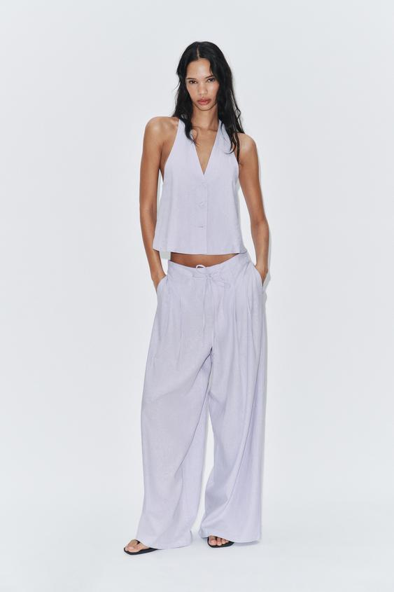 LINEN BLEND WIDE-LEG TROUSERS WITH PLEATS - Lilac by Zara - Image 0