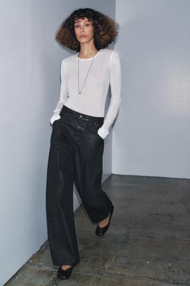 ZW COLLECTION CRACKLED LOW-RISE BARREL JEANS - Black by Zara