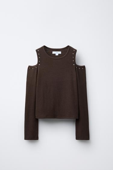 RIB T-SHIRT WITH CUT-OUT AND STUDS - Brown by Zara - Image 0