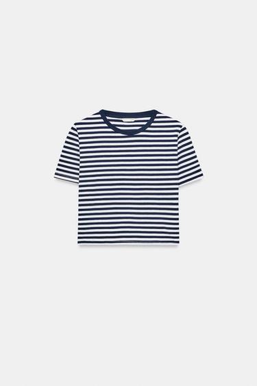 CROPPED SHORT SLEEVE T-SHIRT - Blue/White by Zara