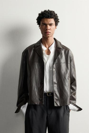 CROPPED FIT LEATHER EFFECT JACKET - Brown by Zara