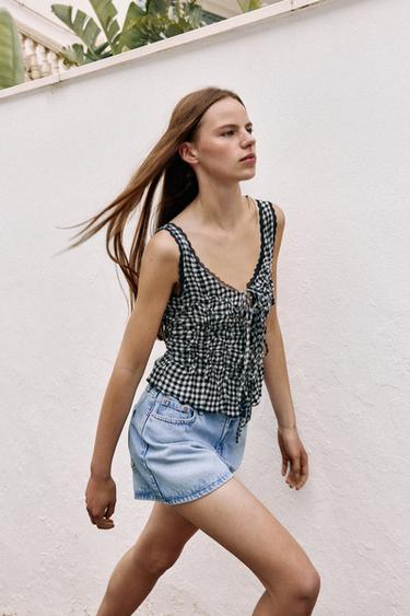 DRAPED GINGHAM TOP - Ecru / Blue by Zara