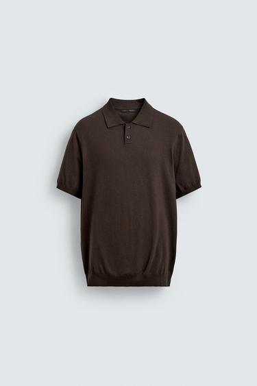 REGULAR FIT COTTON/LINEN KNIT POLO SHIRT - Chocolate by Zara
