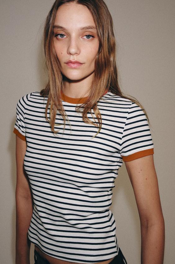 STRIPED SHORT SLEEVE T-SHIRT - Ecru / Navy by Zara - Image 0