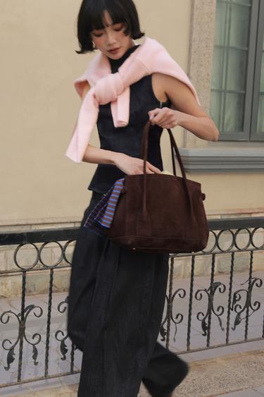 SPLIT SUEDE LEATHER CITY BAG - Brown by Zara