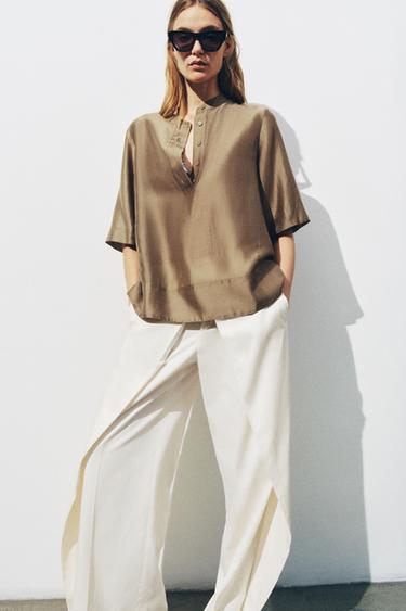 ZW COLLECTION FLOWING SHORT SLEEVE BLOUSE - Light brown by Zara