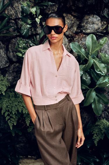 SHORT LINEN BLEND SHIRT - Beige-pink by Zara