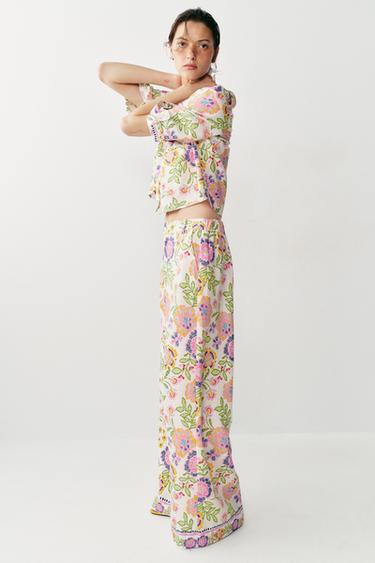 FLORAL PRINT LINEN BLEND TROUSERS - Multicoloured by Zara