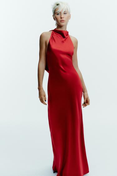 LONG SATIN HALTER DRESS - Dark red by Zara