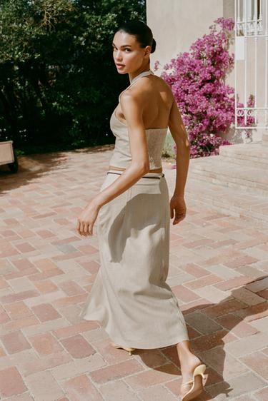 LINEN BLEND MIDI SKIRT WITH BELT - Sand by Zara