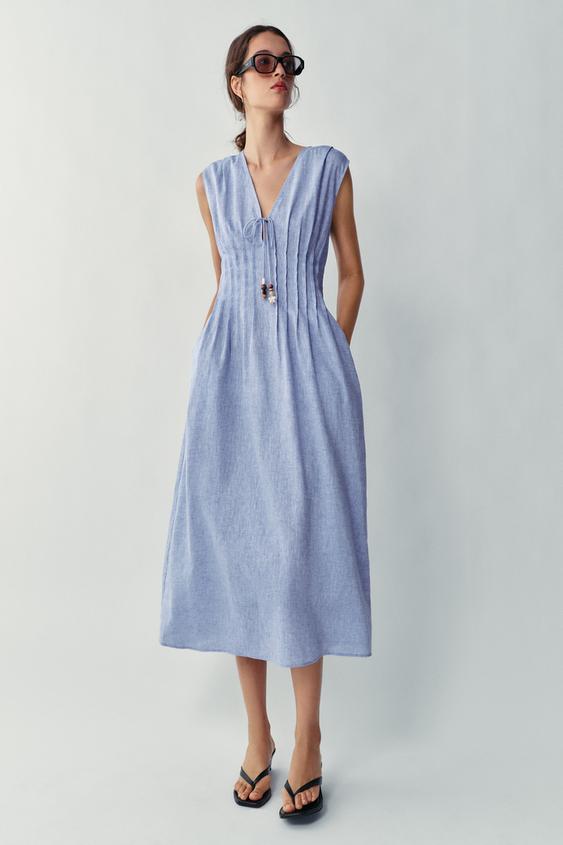 LINEN BLEND PINTUCK MIDI DRESS - Blue by Zara - Image 0