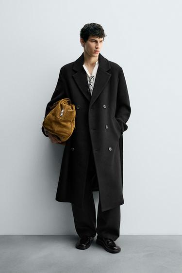 DOUBLE-BREASTED WOOL BLEND COAT WITH BELT - Black by Zara