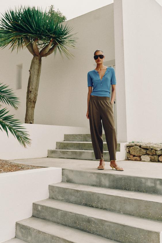 BARREL LINEN BLEND TROUSERS - Khaki by Zara - Image 0