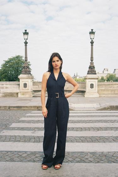 HALTER NECK JUMPSUIT WITH LINEN BLEND BELT - Navy blue by Zara - Image 0