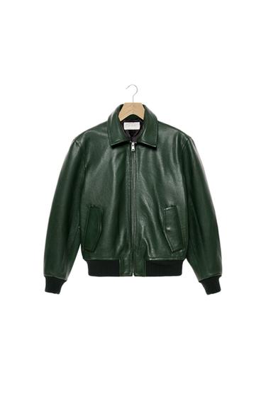 LEATHER BOMBER JACKET - Mid-green by Zara