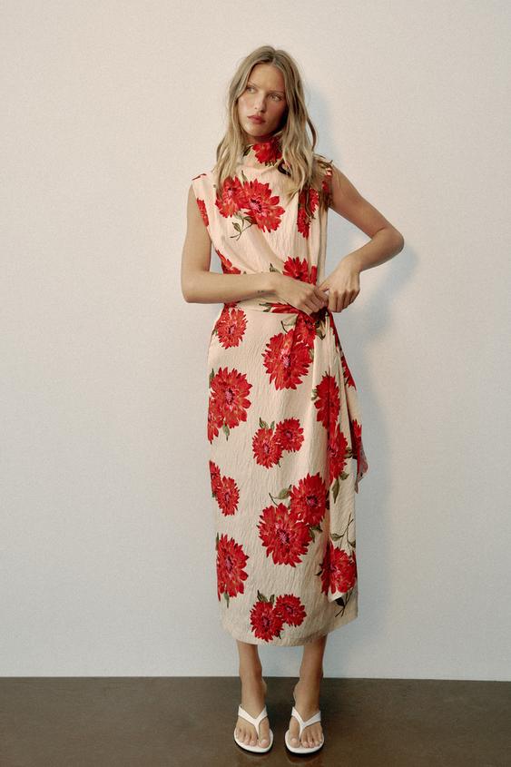 FLORAL PRINT MIDI DRESS WITH BELT - Ecru / Red by Zara - Image 0