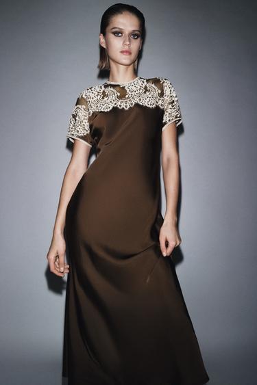 ZW COLLECTION LIMITED EDITION SATIN LACE DRESS - Brown by Zara